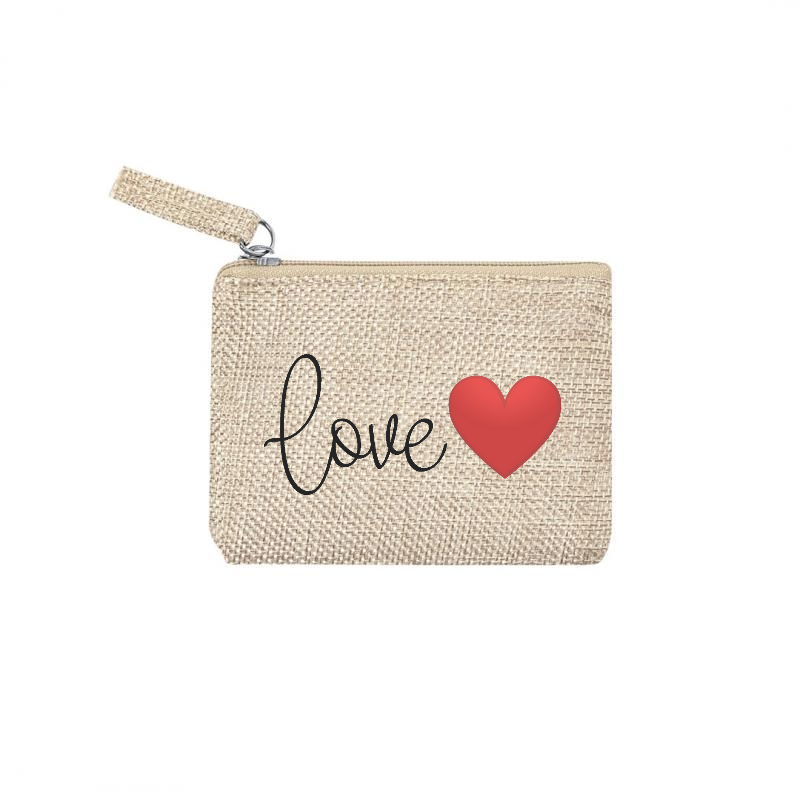Pochette motif love et cœur en toile et simili cuir