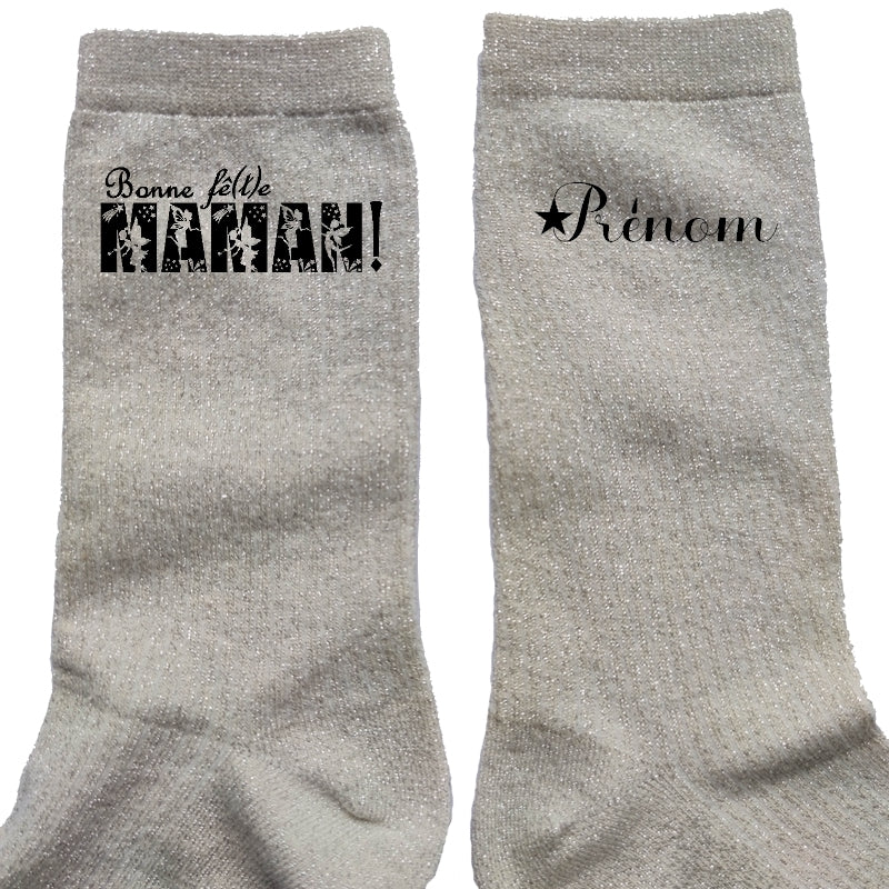 Chaussettes personnalisée paillettes crème motif bonne fëte maman