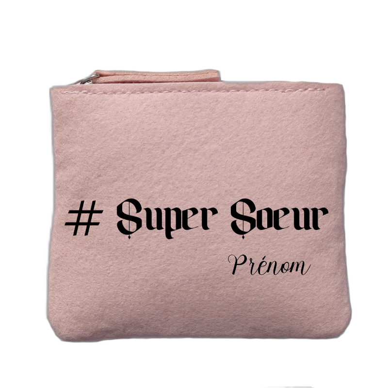 Porte monnaie personnalisé motif soeur super rose clair en feutrine en feutrine