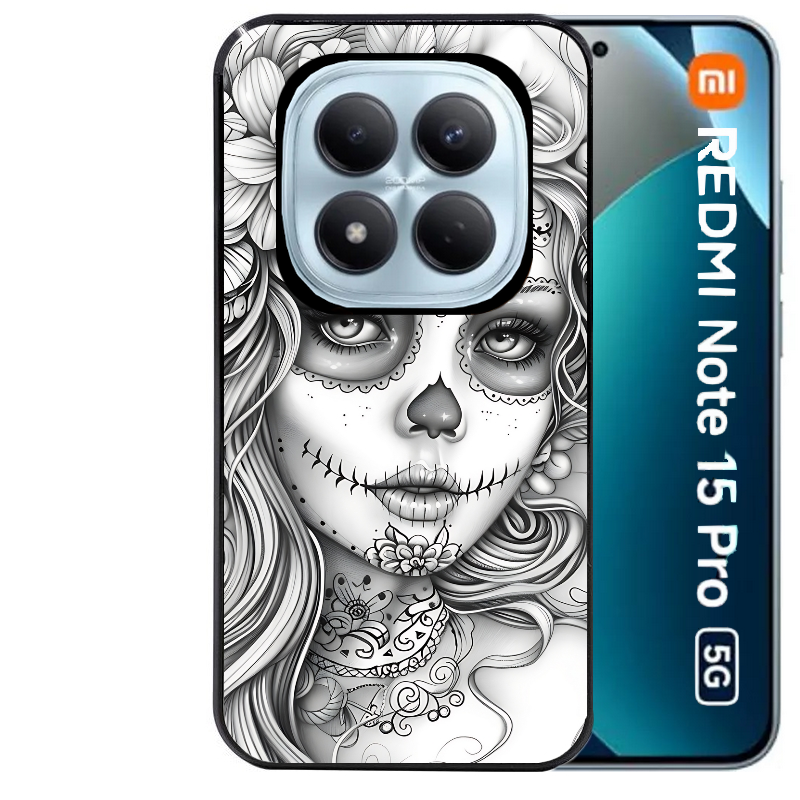 Coque noire taperso pour Redmi Note 15 et PRO PLUS 4G 5G avec motif mort calavera tatoo protection antichoc personnalisée