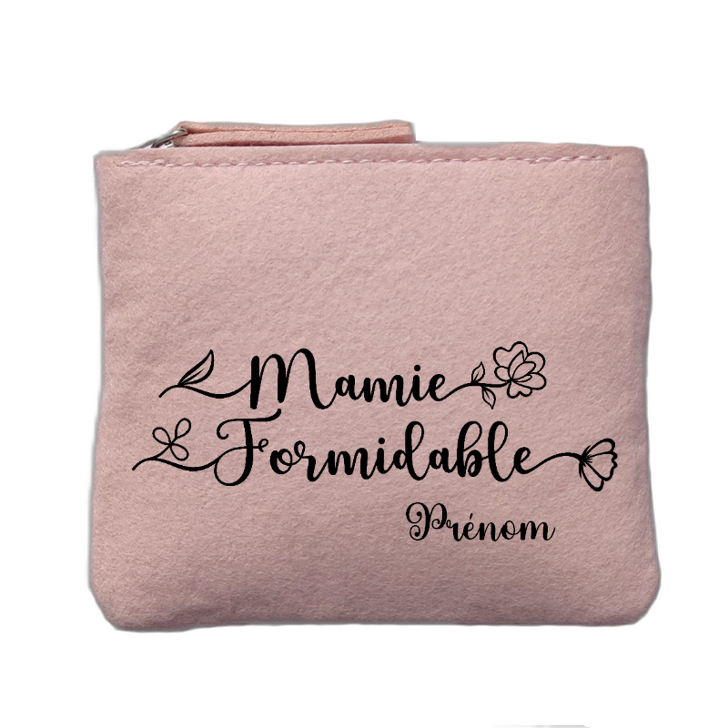 Porte monnaie personnalisé motif mamie formidable rose clair en feutrine en feutrine