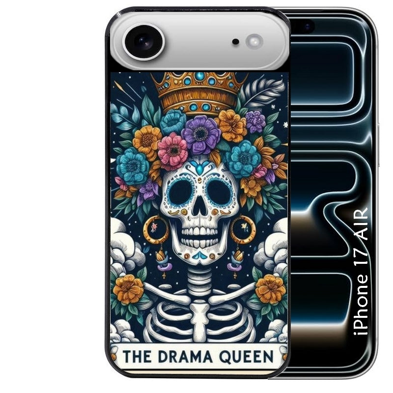 Coque noire taperso pour Iphone 17 17E AIR MAX PRO avec motif tete de mort drama queen protection antichoc personnalisée