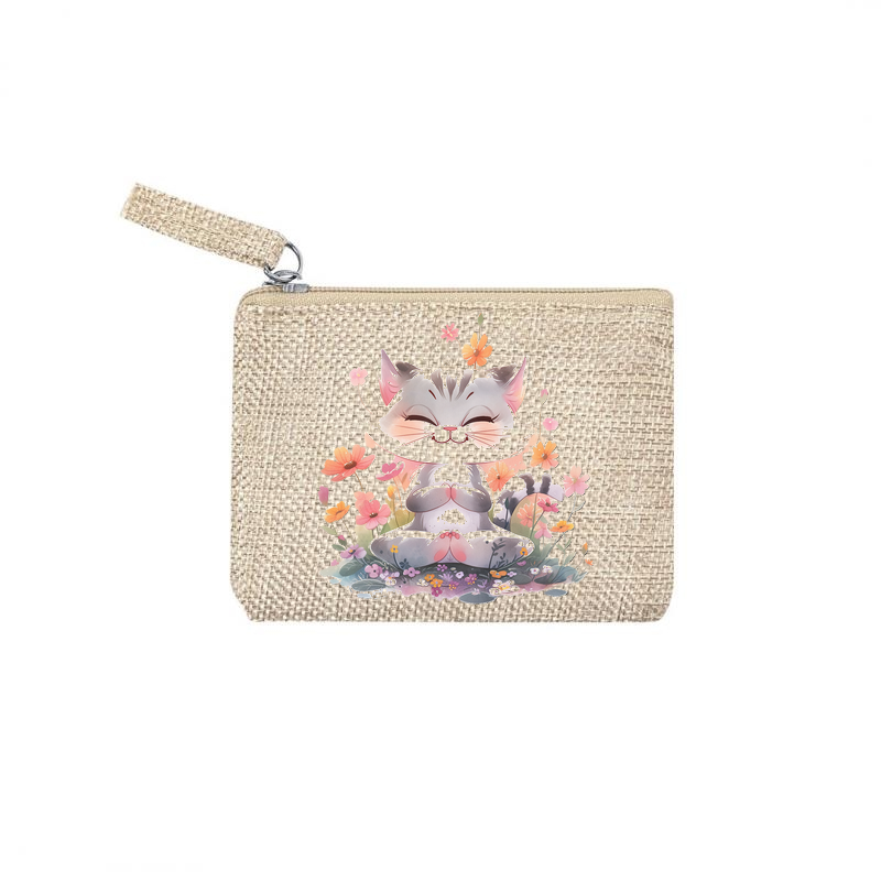 Pochette personnalisée motif chat yoga en toile et simili cuir personnalisée