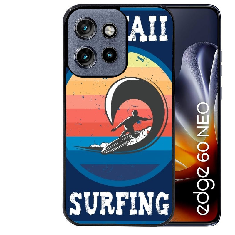 Coque noire taperso pour Moto Edge 60 et Neo Fusion Pro avec motif hawaii et surf protection antichoc personnalisée
