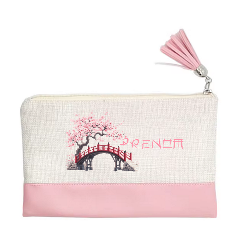 Pochette personnalisée motif japan cerisier en toile et simili cuir personnalisée
