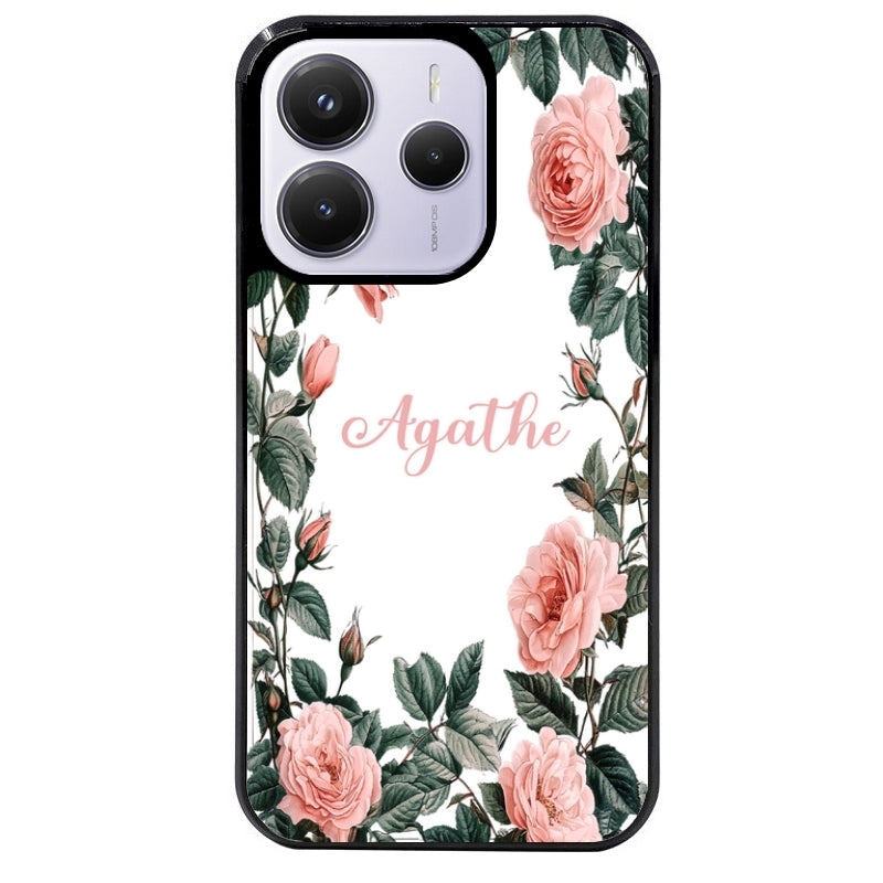 Coque noire taperso pour Redmi Note 14 et PRO PLUS 4G 5G avec motif cadre fleur pastel personnalisee protection antichoc personnalisée