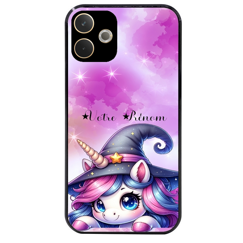 Coque noire taperso pour OPPO A5 PRO 4G et 5G avec motif licorne magic avec prenom protection antichoc personnalisée