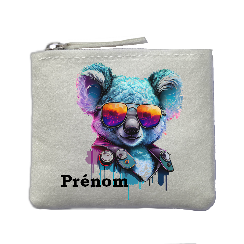 Porte monnaie personnalisé koala lunettes ivoire en feutrine en feutrine ivoire