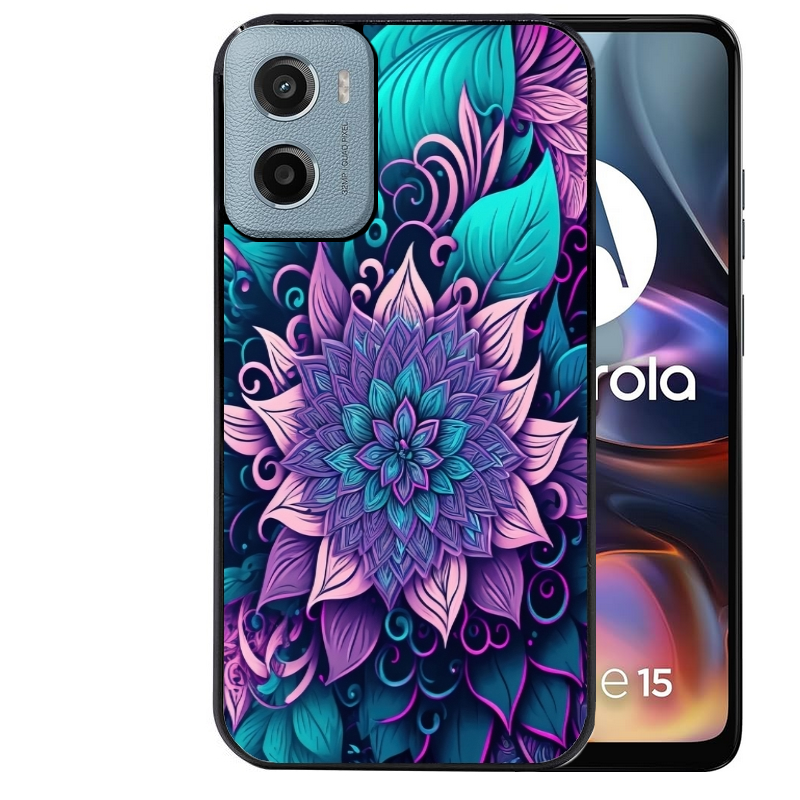 Coque noire taperso pour Moto E13 E14 E15 avec motif tropical mandala et fleur violet protection antichoc personnalisée