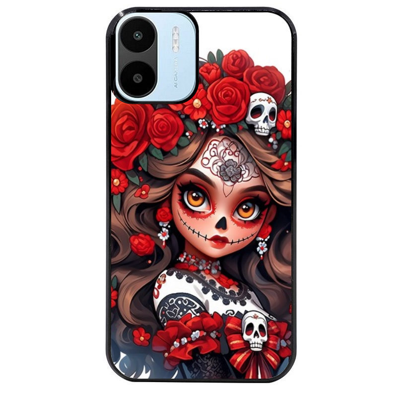 Coque noire taperso pour Redmi A1 et A2 avec motif tete de mort calavera rouge protection antichoc personnalisée