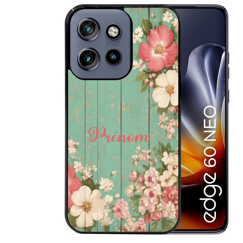 Coque noire taperso pour Moto Edge 60 et Neo Fusion Pro avec motif bois et fleur avec votre prenom protection antichoc personnalisée