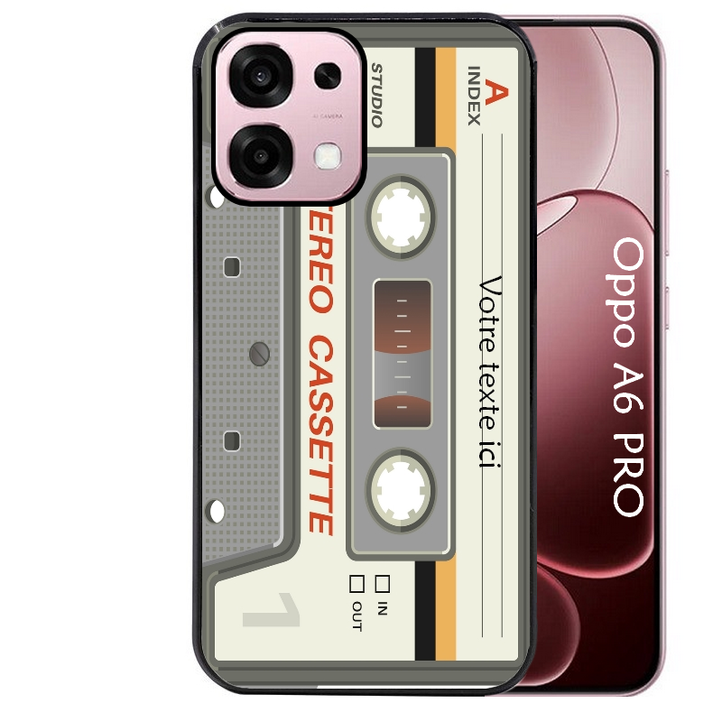 Coque noire taperso pour OPPO A6 PRO 4G et 5G avec motif cassette grise personnalisable protection antichoc personnalisée