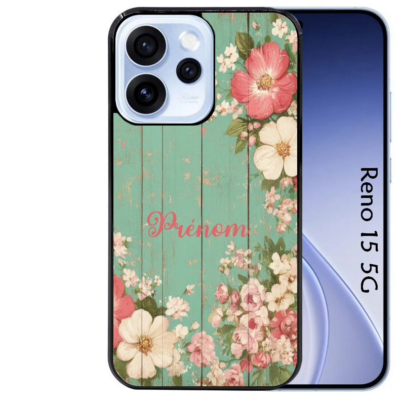 Coque noire taperso pour OPPO Reno 15 et F FS 5G avec motif bois et fleur avec votre prenom protection antichoc personnalisée
