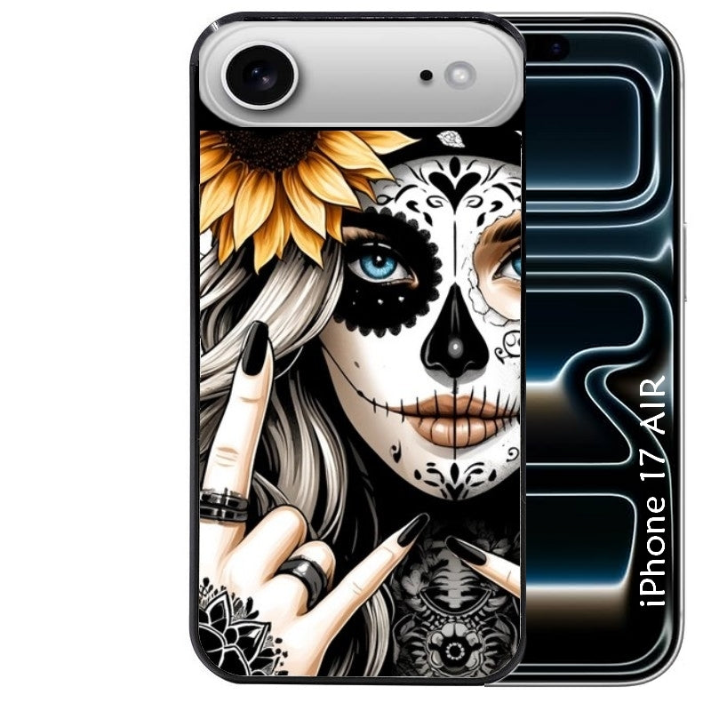 Coque noire taperso pour Iphone 17 17E AIR MAX PRO avec motif tete de mort tatoo protection antichoc personnalisée