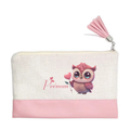 Pochette personnalisée motif chouette cœur en toile et simili cuir personnalisée
