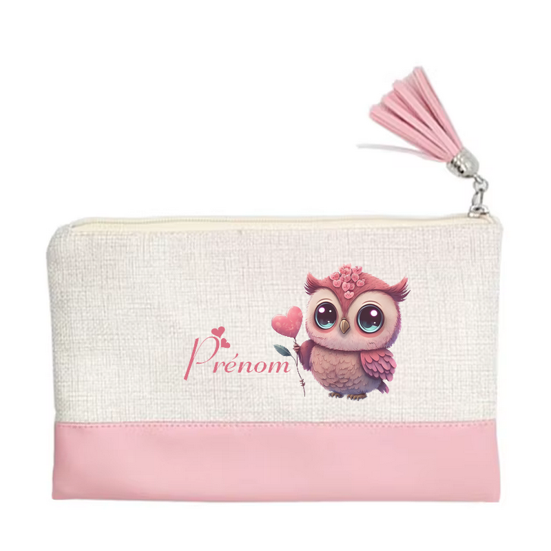 Pochette personnalisée motif chouette cœur en toile et simili cuir personnalisée