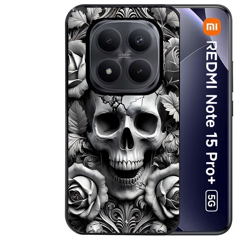 Coque noire taperso pour Redmi Note 15 et PRO PLUS 4G 5G avec motif tete de mort fleur protection antichoc personnalisée