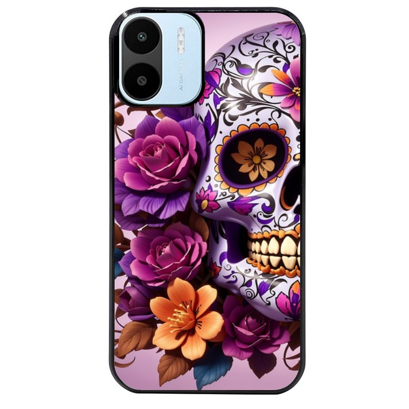 Coque noire taperso pour Redmi A1 et A2 avec motif tete de mort calavera violette protection antichoc personnalisée