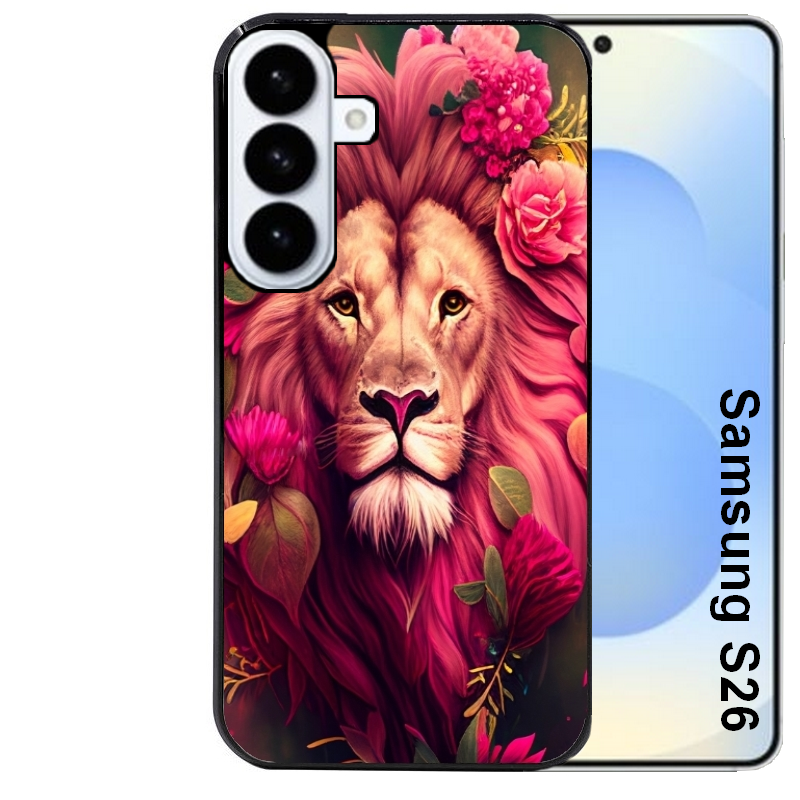 Coque noire taperso pour galaxy S26 et PLUS ULTRA FE avec motif lion et fleurs rose protection antichoc personnalisée