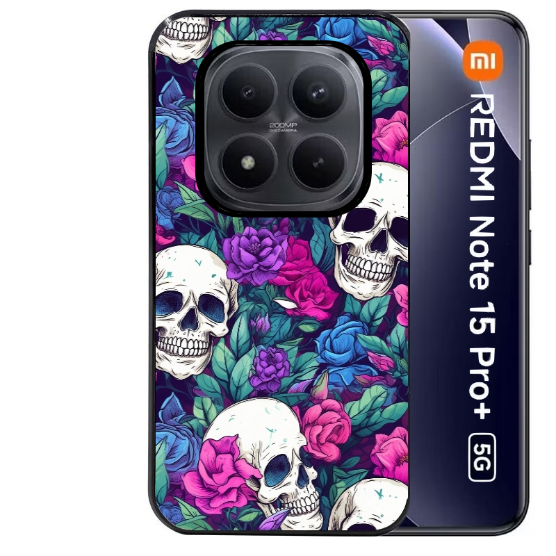 Coque noire taperso pour Redmi Note 15 et PRO PLUS 4G 5G avec motif tete de mort violet protection antichoc personnalisée