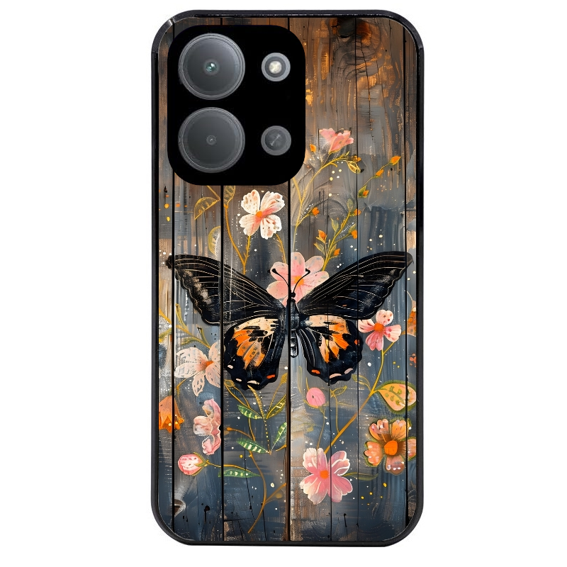 Coque noire taperso pour POCO C85 avec motif bois et papillon 2 protection antichoc personnalisée