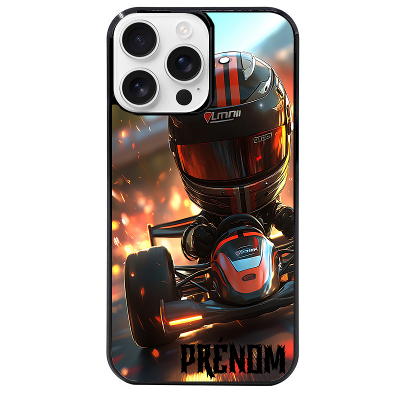 Coque noire taperso pour Iphone 16 16E PLUS MAX PRO avec motif karting f1 personnalisee protection antichoc personnalisée