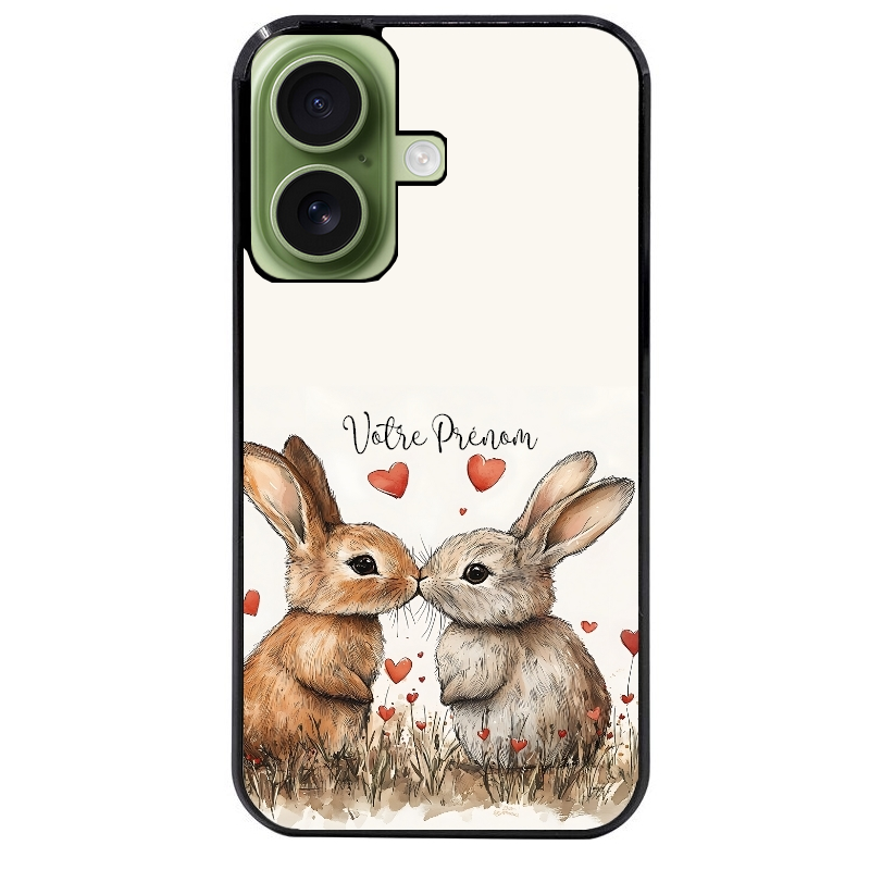 Coque noire taperso pour Iphone 16 16E PLUS MAX PRO avec motif lapin coeur avec prenom protection antichoc personnalisée