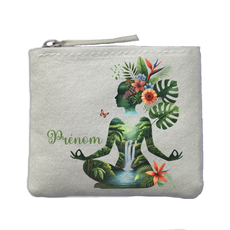 Porte monnaie personnalisé yoga jungle ivoire en feutrine en feutrine ivoire