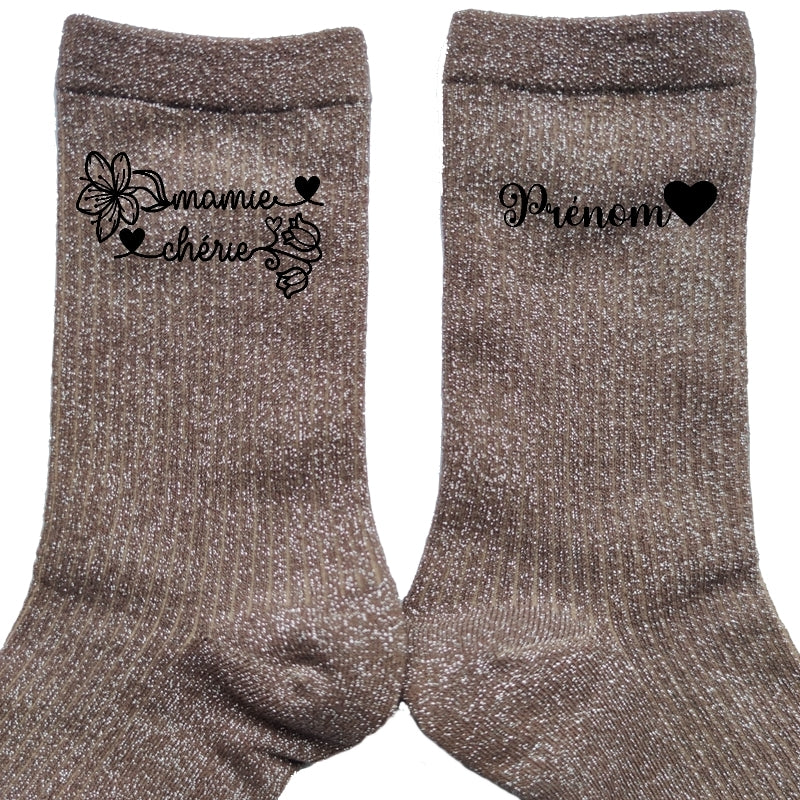 Chaussettes personnalisée paillettes bronze motif mamie chérie