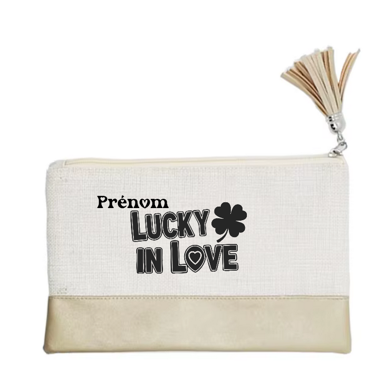 Pochette personnalisée motif love luck en toile et simili cuir personnalisée