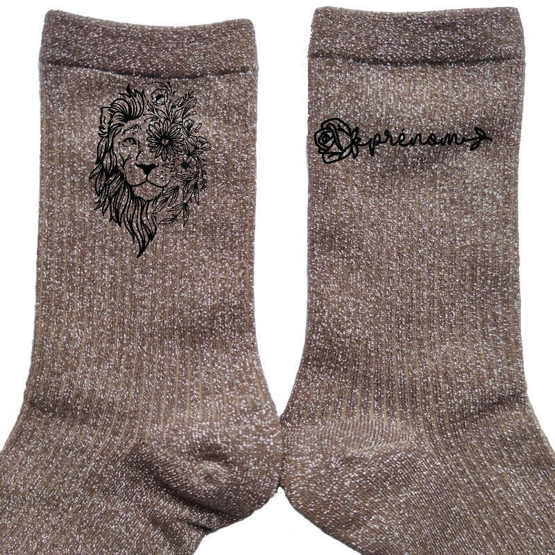 Chaussettes personnalisées paillettes bronze motif lion fleur