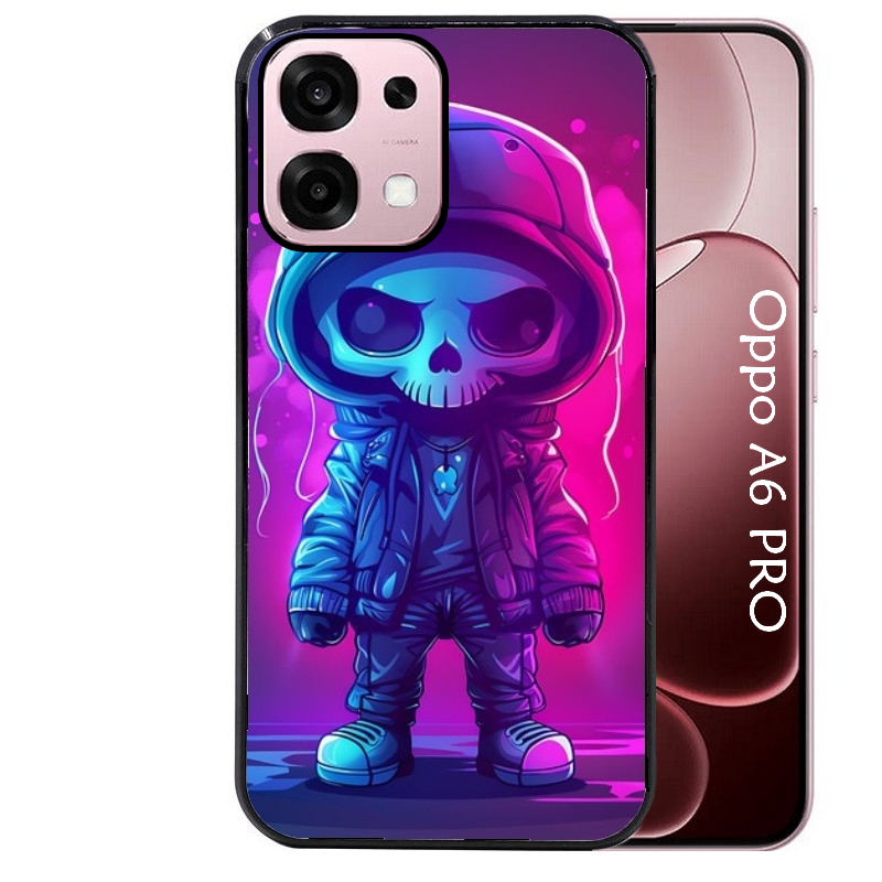 Coque noire taperso pour OPPO A6 PRO 4G et 5G avec motif tete de mort skull fluo protection antichoc personnalisée