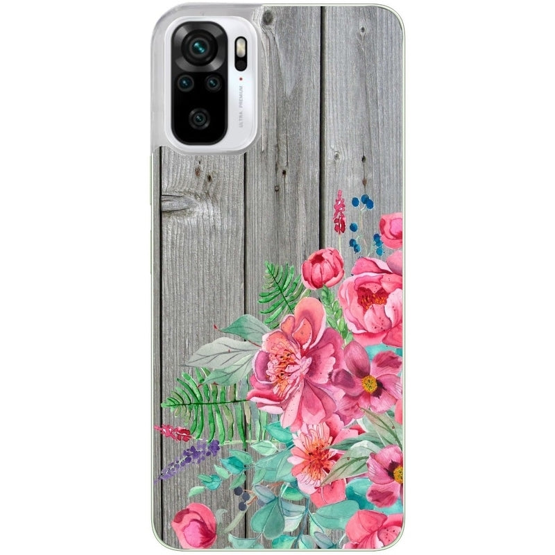 Coque taperso pour Redmi Note 10 4G 5G PRO 10S avec motif bois gris et fleur rose protection antichoc personnalisée