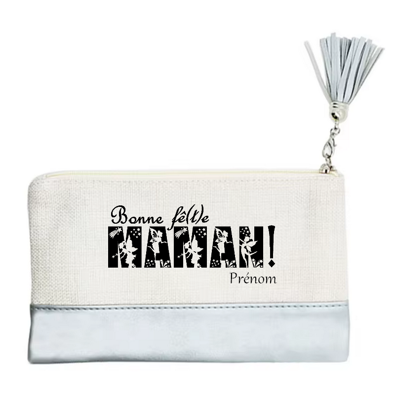 Pochette personnalisée motif maman bonne fete en toile et simili cuir personnalisée