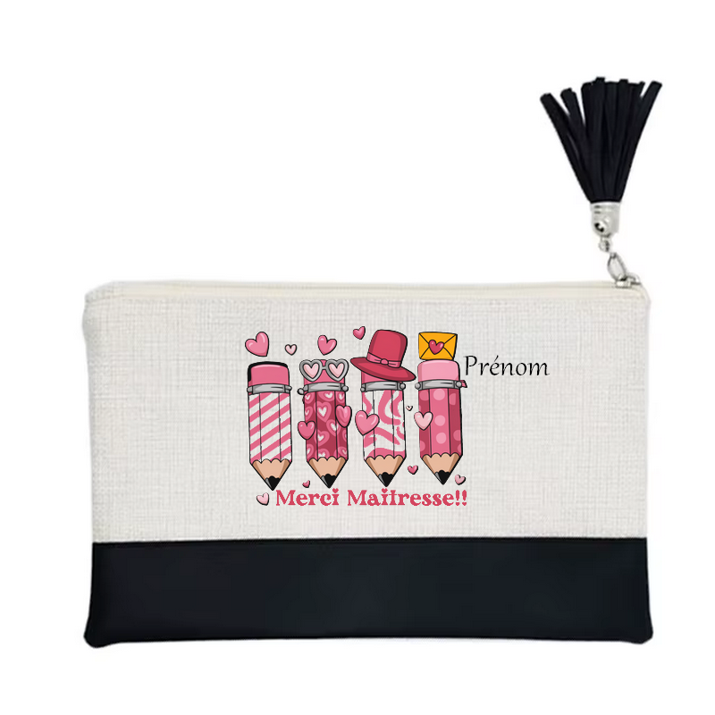 Pochette personnalisée motif maitresse merci cœur en toile et simili cuir personnalisée