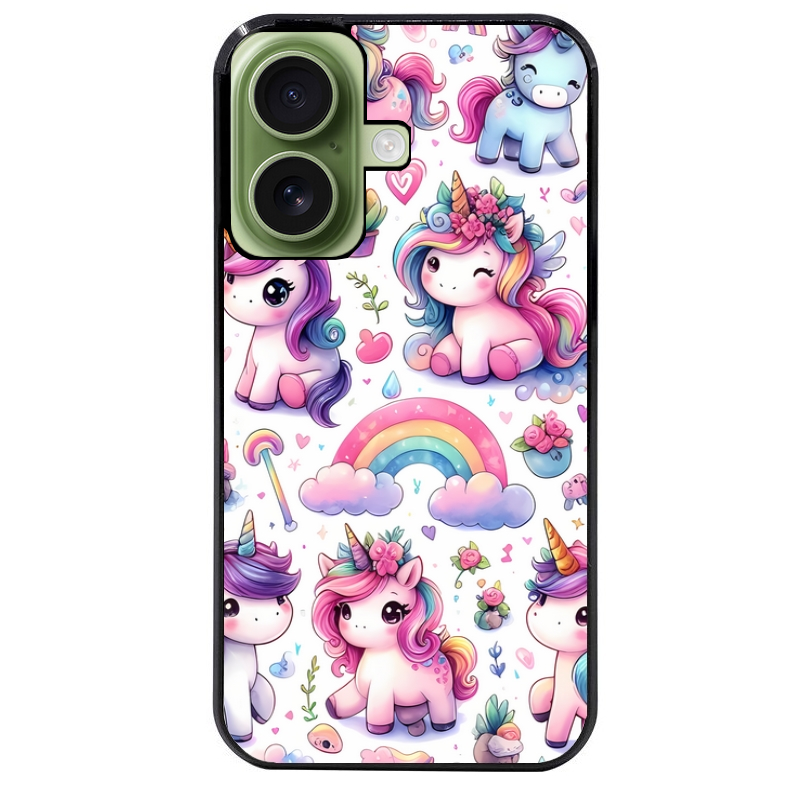 Coque noire taperso pour Iphone 16 16E PLUS MAX PRO avec motif licorne arc en ciel protection antichoc personnalisée