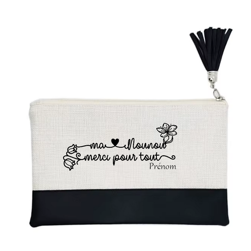 Pochette personnalisée motif nounou merci en toile et simili cuir personnalisée