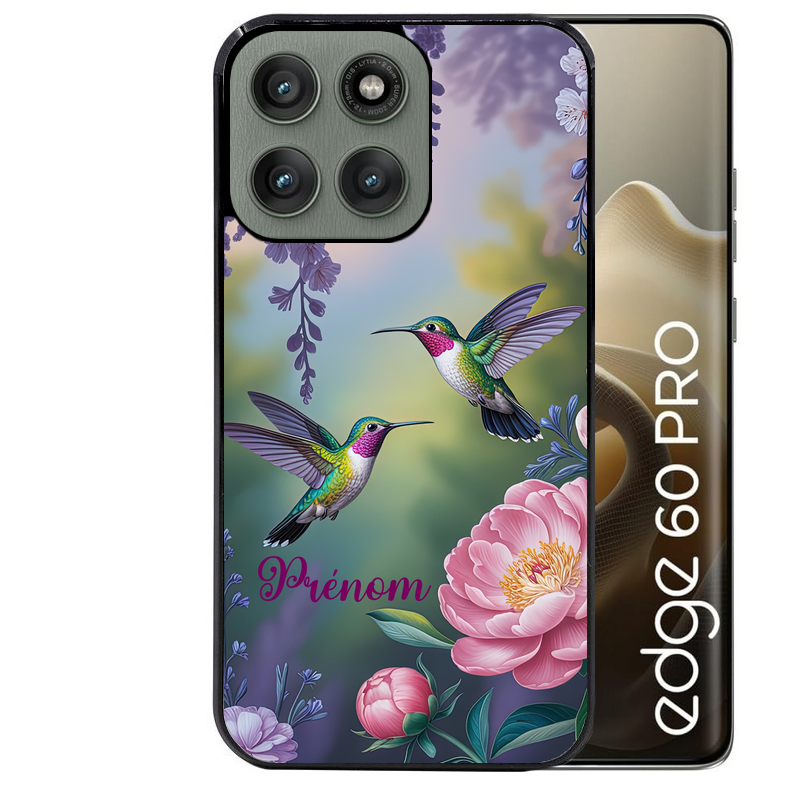 Coque noire taperso pour Moto Edge 60 et Neo Fusion Pro avec motif colibri couple personnalise protection antichoc personnalisée