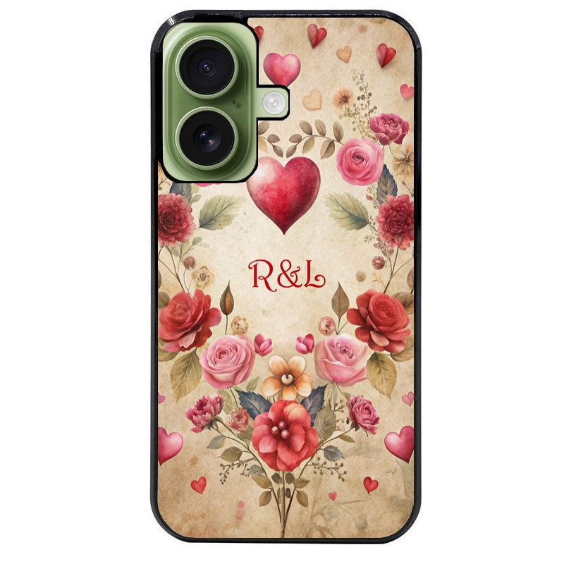 Coque noire taperso pour Iphone 16 16E PLUS MAX PRO avec motif coeur vintage et initiales personnalisee protection antichoc personnalisée
