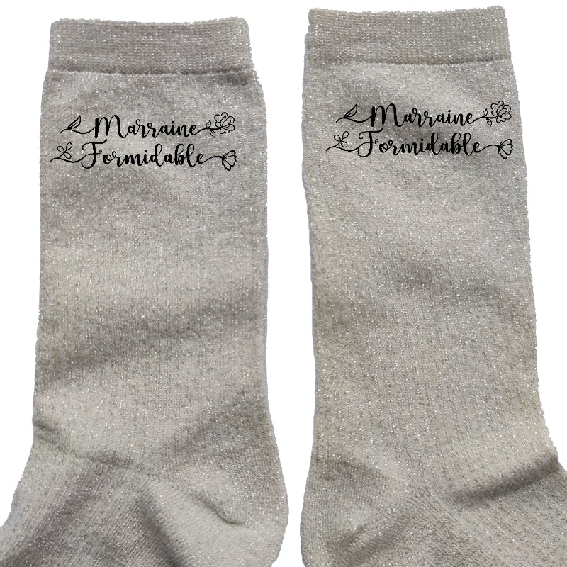 Chaussettes paillettes crème motif marraine formidable