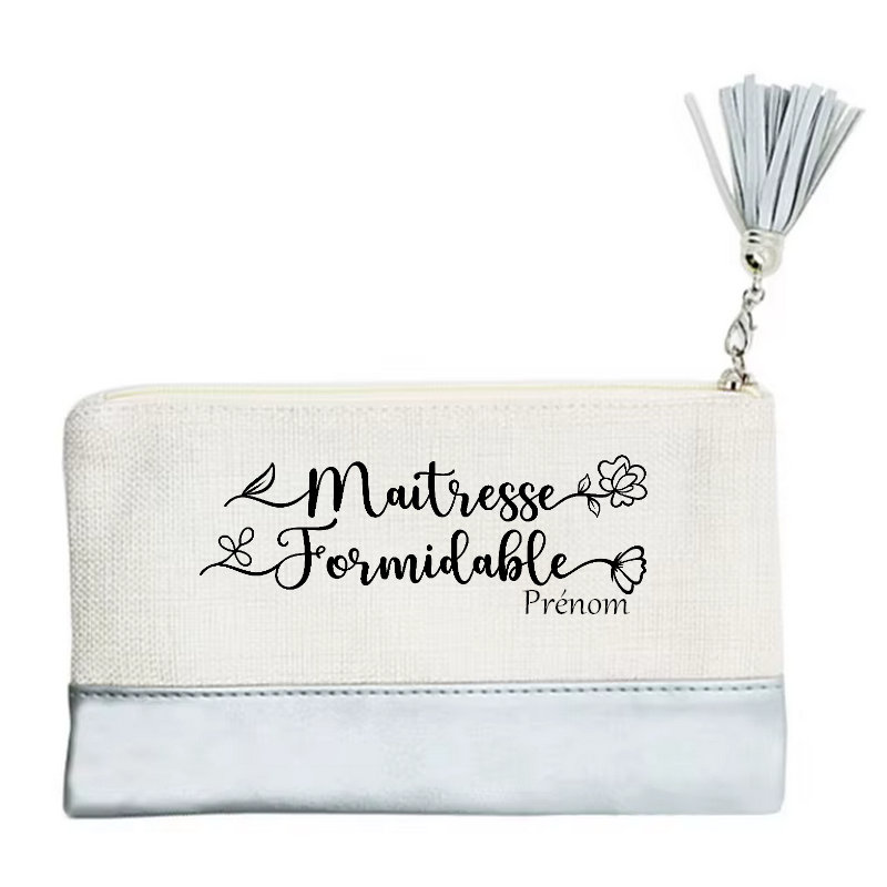 Pochette personnalisée motif maitresse formidable en toile et simili cuir personnalisée