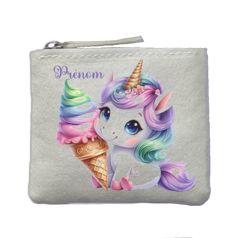 Porte monnaie personnalisé licorne glace ivoire en feutrine en feutrine ivoire