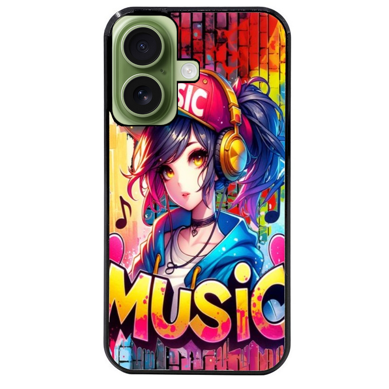 Coque noire taperso pour Iphone 16 16E PLUS MAX PRO avec motif anime manga et music protection antichoc personnalisée