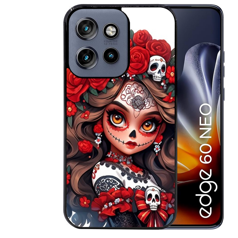 Coque noire taperso pour Moto Edge 60 et Neo Fusion Pro avec motif tete de mort calavera rouge protection antichoc personnalisée