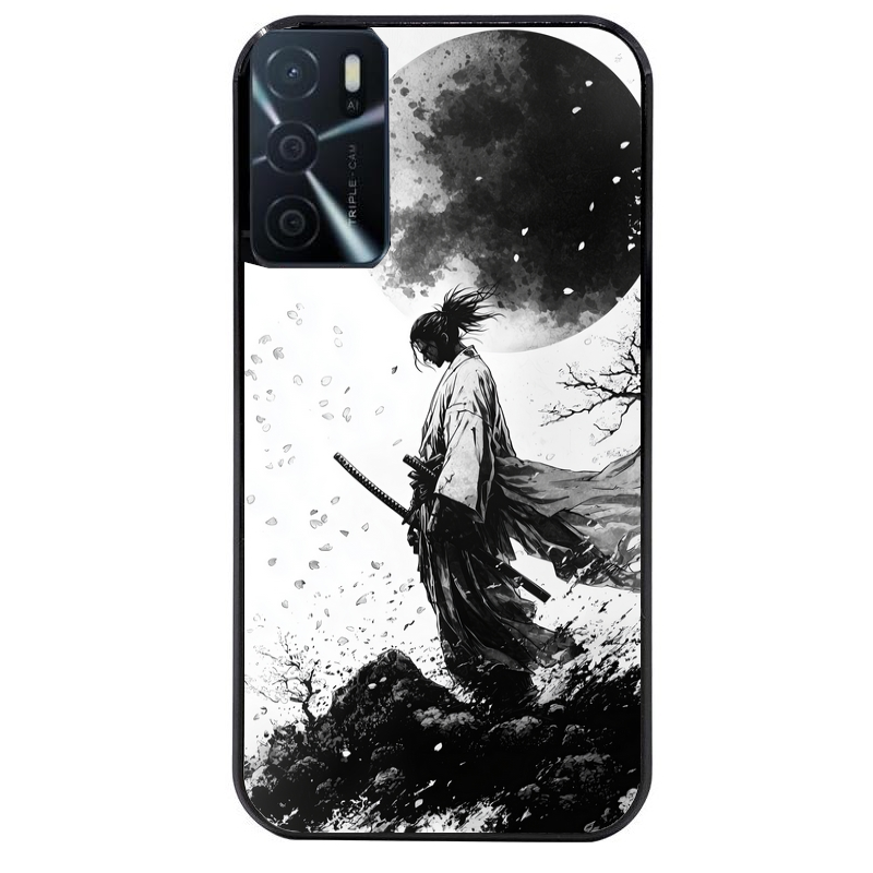 Coque noire taperso pour OPPO A16 et A16S avec motif samourai et lune protection antichoc personnalisée