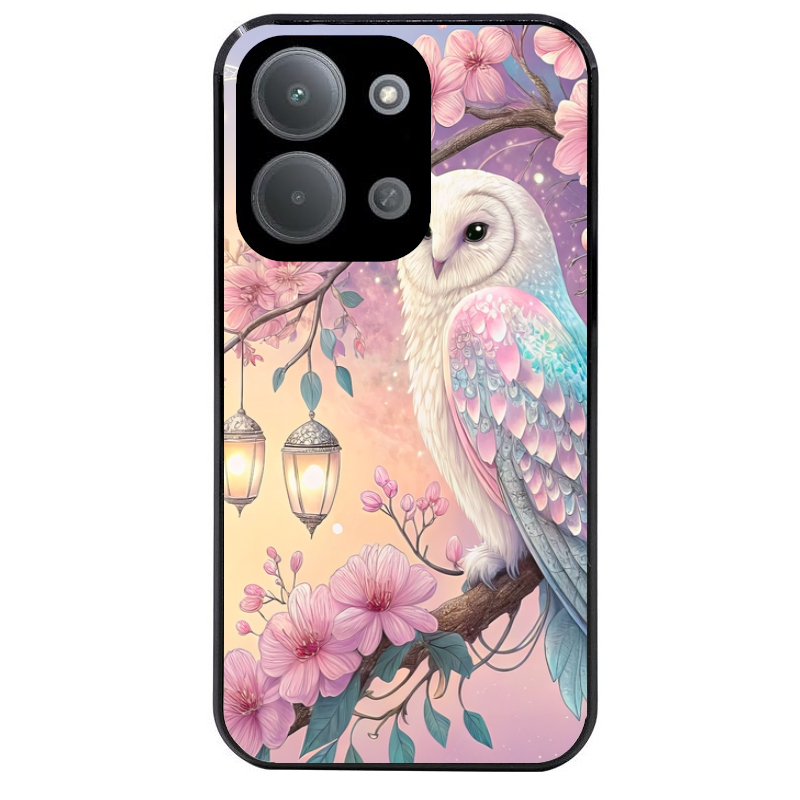 Coque noire taperso pour POCO C85 avec motif chouette cerisier protection antichoc personnalisée