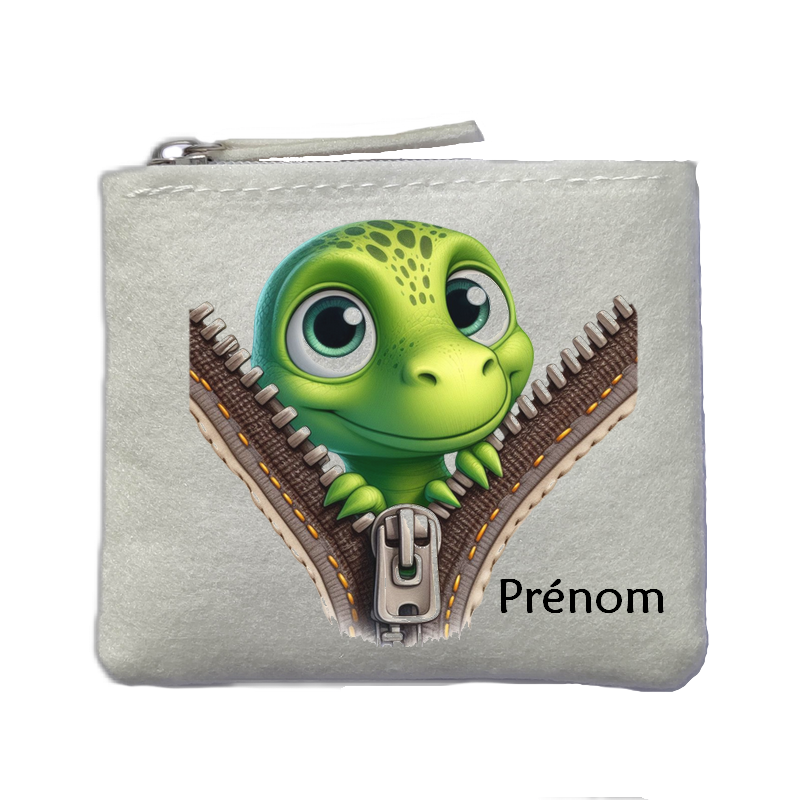 Porte monnaie personnalisé dinosaure zip ivoire en feutrine en feutrine ivoire