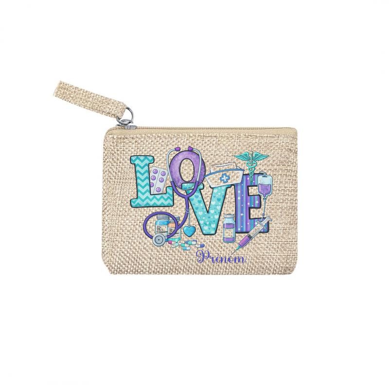 Pochette personnalisée motif love infirmiere en toile et simili cuir personnalisée