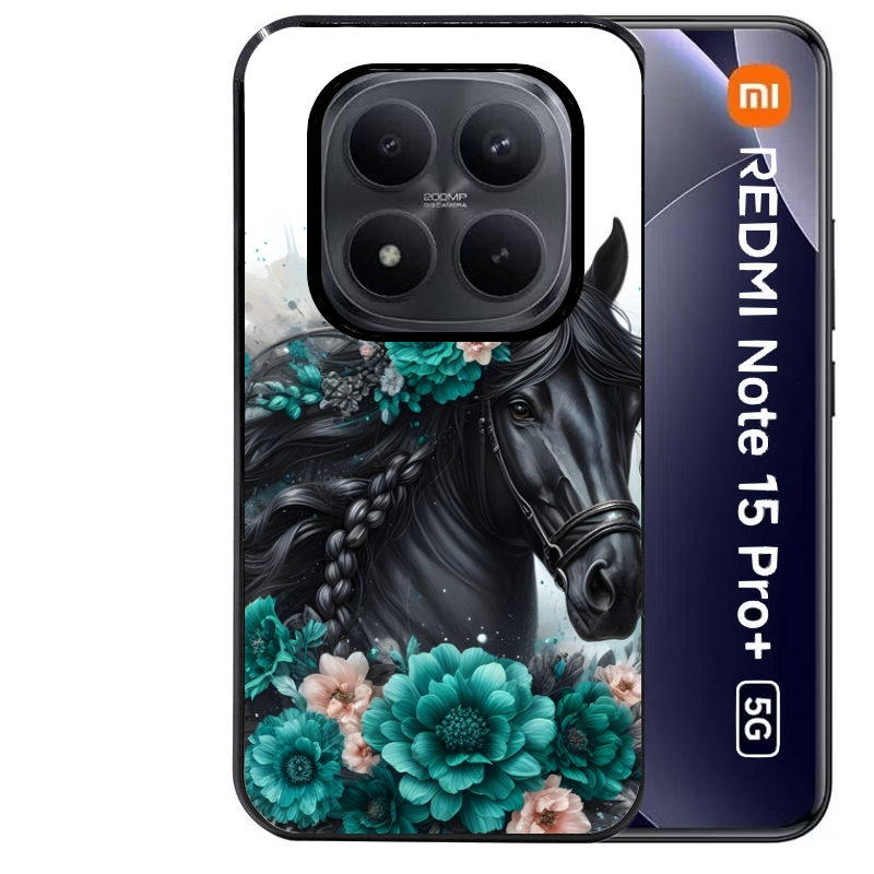 Coque noire taperso pour Redmi Note 15 et PRO PLUS 4G 5G avec motif cheval et fleurs personnalisee protection antichoc personnalisée