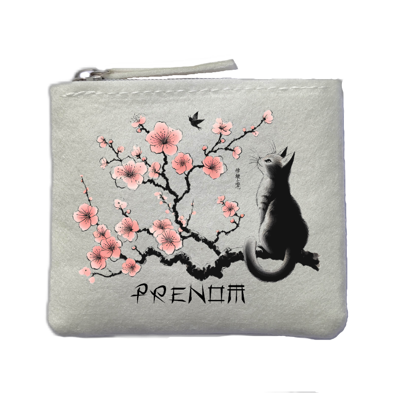 Porte monnaie personnalisé chat cerisier ivoire en feutrine en feutrine ivoire